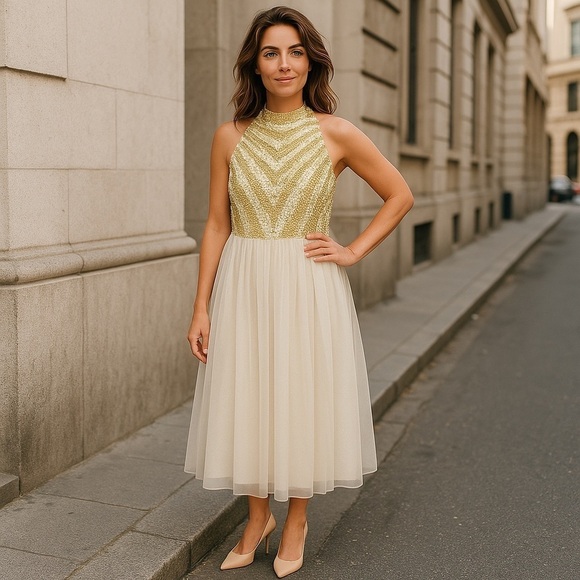 ASOS MAYA DELUXE SEQUIN MOCK NECK SLEEVELESS TULLE SKIRT MIDI BRIDESMAID DRESS - Picture 1 of 13